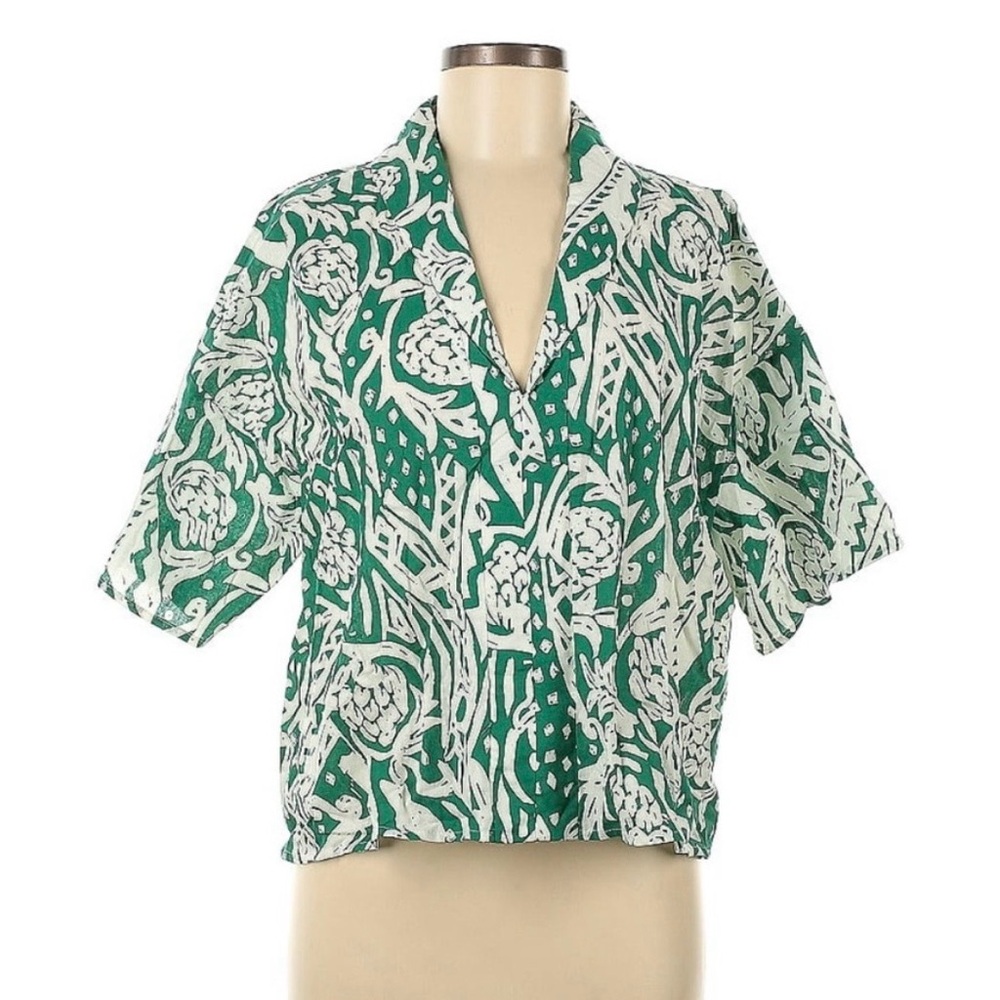 Anthropologie Entro Green White Floral Print Oversized Boxy Cotton Top Large